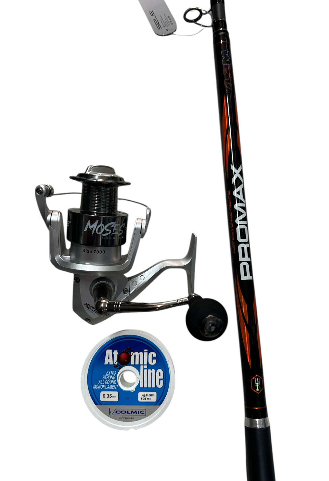 Combo Surf Casting 1: Sele Promax 4.20mt - 180gr + Sele Moses 7000 + Colmic Atomic Line 500mt - 0.35mm